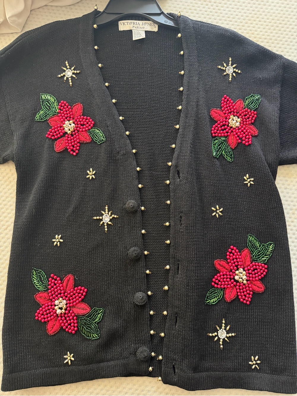 Victoria Jones Woman Black Cardigan with Red Beaded Floral Appliqués